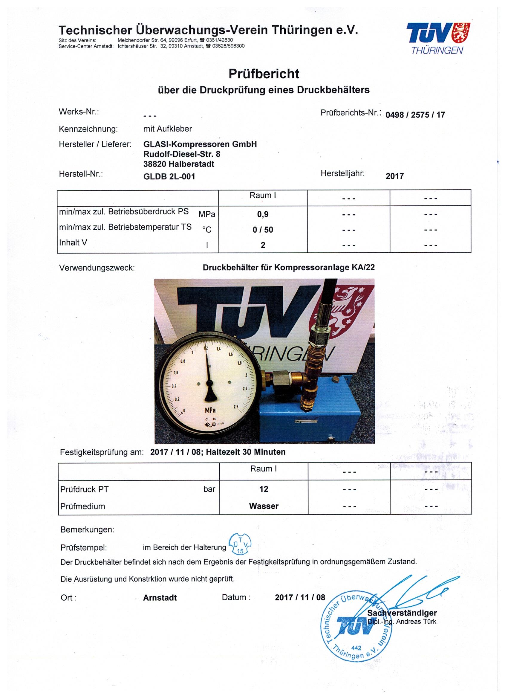 Druckprüf-Zeugnis Druckbehälter