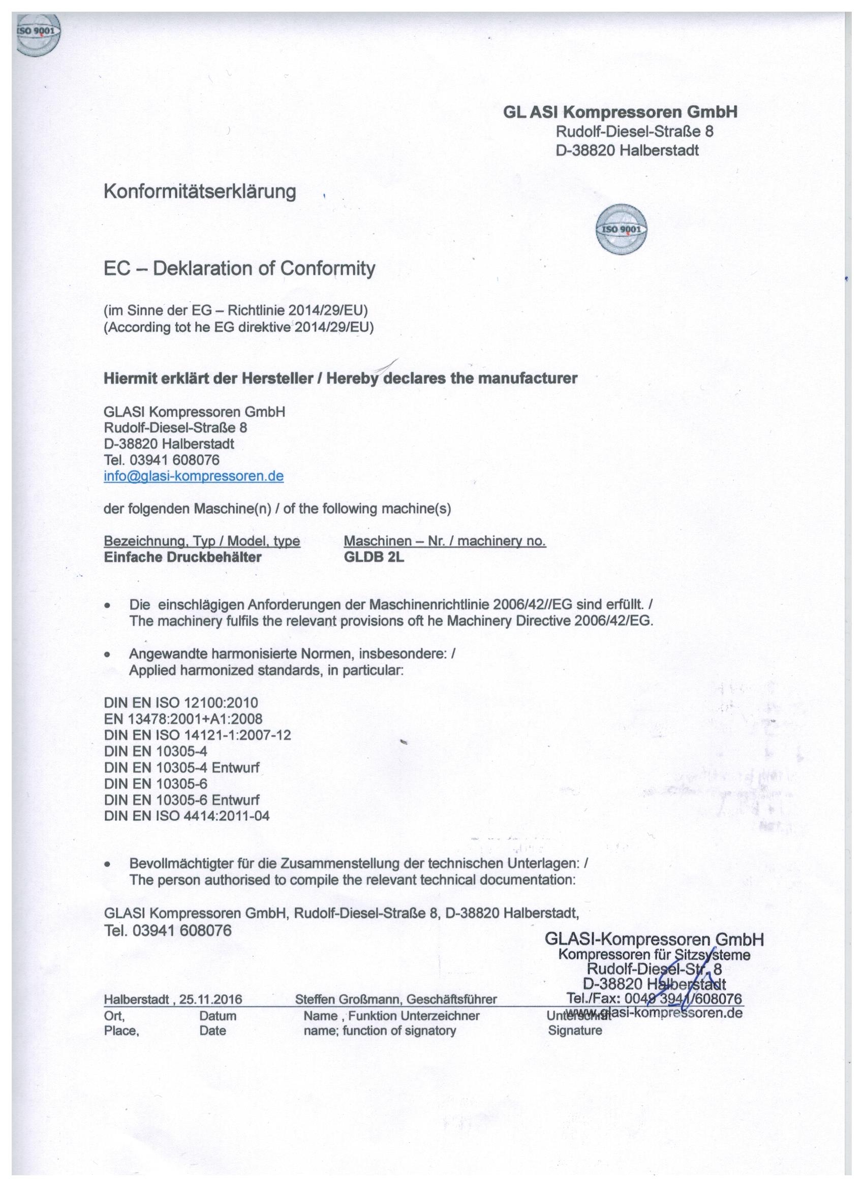 Konformitätseklärung Druckbehälter