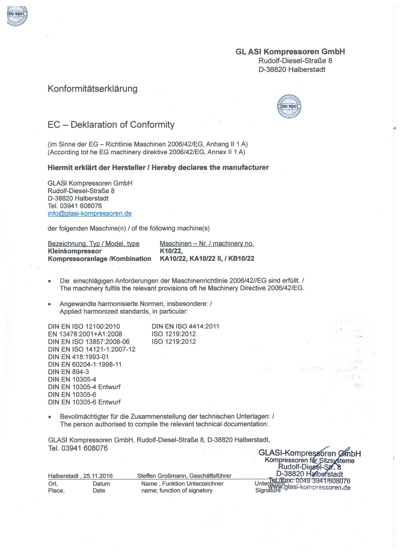 Konformitätserklärung GLASI-Kompressoren